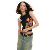 Image 1 : Top Desigual femme noir à motifs floraux sans manches col rond — delvale