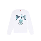 Sweat col rond Diesel homme blanc, imprimé grand format typographie gothique et écusson héraldique bleu, fond blanc — Delvale