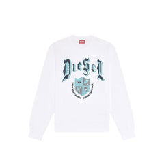 Sweat col rond Diesel homme blanc, imprimé grand format typographie gothique et écusson héraldique bleu, fond blanc — Delvale