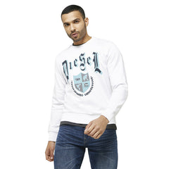 Sweat col rond Diesel homme blanc, imprimé gothique Diesel bleu et noir, écusson héraldique bleu glacier, vue de face — Delvale