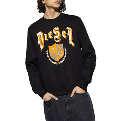 Sweat col rond Diesel homme noir, imprimé gothique Diesel orange et blanc, écusson héraldique orange, vue de face — Delvale