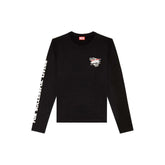 T-shirt manches longues Diesel homme noir, patch brodé DSL 55 poitrine gauche, inscription manche blanche, fond blanc — Delvale
