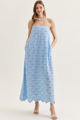 The Maris Strapless Eyelet Midi Dress