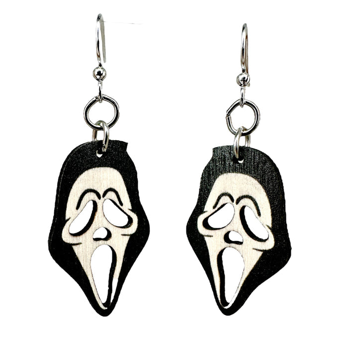 Ghostface scream wood earrings — horror movie mask in laser-cut wood, made in USA