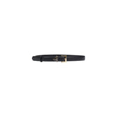 Image 1 : Ceinture fine Guess femme noire texturée saffiano avec boucle rectangle dorée et logo triangle Guess, vue de face enroulée — Delvale