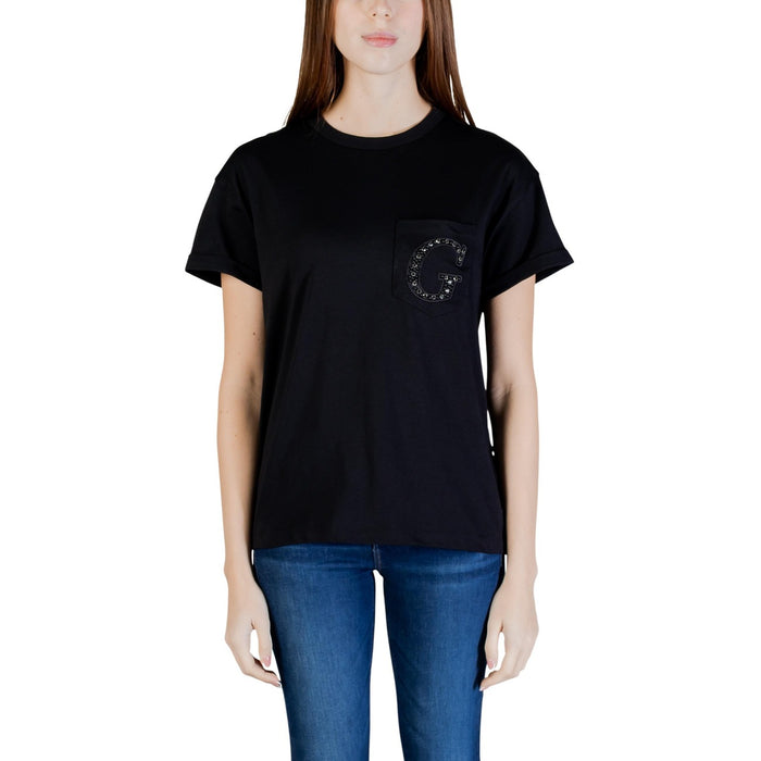 Image 1 : T-shirt Guess femme noir en coton col rond, vue de face — delvale
