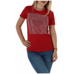 Image 1 : T-shirt rouge Guess femme col rond manches courtes vue de face — delvale