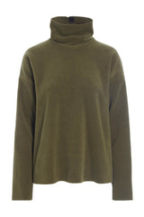 A high-neck fleece blouse in green, with a turtleneck design, displayed on a white background.