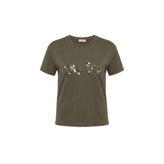 Image 2 : T-shirt crop Liu Jo femme couleur kaki avec appliqués de sequins miroir argentés sur le devant — Delvale