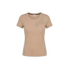Image 3 : Vue rapprochée du t-shirt Liu Jo beige, mise en valeur de la broderie strass argentée sur la poitrine — Delvale