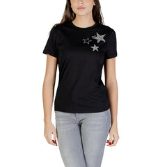 Image 1 : Femme portant le t-shirt Liu Jo noir à étoiles en strass argentés sur la poitrine, col rond et manches courtes, associé à un jean gris — Delvale