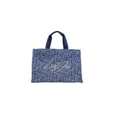 Image 1 : Tote bag Liu Jo femme en toile bleu marine imprimé léopard gris avec logo signature en strass argentés, vue de face — Delvale