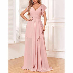 Long Bridesmaid Dresses Wedding Short Sleeve Formal Dress Chiffon Evening Gown