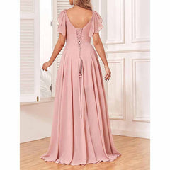 Long Bridesmaid Dresses Wedding Short Sleeve Formal Dress Chiffon Evening Gown