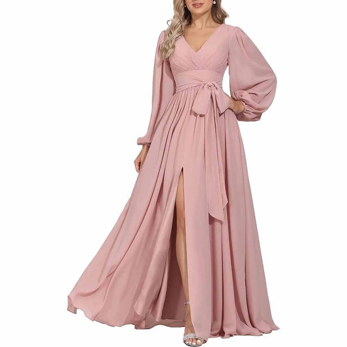 Long Chiffon Bridesmaid Dresses A Line V Neck Formal Wedding Guest Dress with Slit