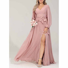 Long Chiffon Bridesmaid Dresses A Line V Neck Formal Wedding Guest Dress with Slit
