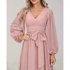 Long Chiffon Bridesmaid Dresses A Line V Neck Formal Wedding Guest Dress with Slit