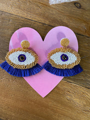 Mal Ojo Blue and Gold Beaded Earrings