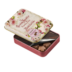 Milk Chocolate Raspberry Flowers Leaves in Tin