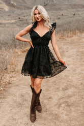Petals In The Sun Chiffon Embroidered Mini Dress (Black)