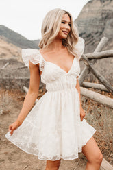 Petals In The Sun Chiffon Embroidered Mini Dress (Ivory)