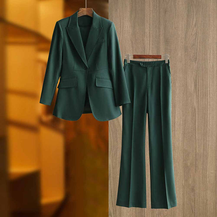 One Button Dark Green Pantsuit Fitted Blazer + Mid-High Rise Trousers Pantsuit Suit Formal Wear