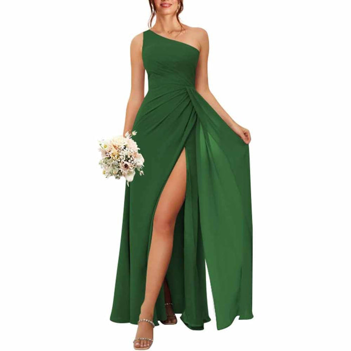 One Shoulder Bridesmaid Dresses with Pockes Long Ruched A Line Formal Dress with Slit
