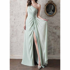 One Shoulder Bridesmaid Dresses with Pockes Long Ruched A Line Formal Dress with Slit