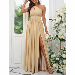 One Shoulder Chiffon Bridesmaid Dresses Long Sleeveless Formal Dress
