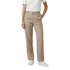 Image 1 : Pantalon droit femme Only taille haute coloris beige, vue de face portée avec un t-shirt blanc et baskets blanches — Delvale