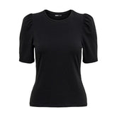 Image 1 : T-shirt femme Only noir manches courtes bouffantes col rond, vue de face sur fond blanc — Delvale