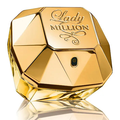Image 1 : Flacon doré en forme de diamant taillé Paco Rabanne Lady Million Eau de Parfum vaporisateur 80ml sur fond blanc — Delvale