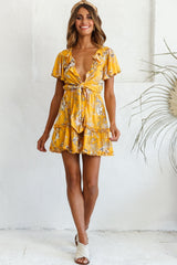 Sunny Daze Angel Sleeve Tie-Knot Bust Floral Print Dress Mustard