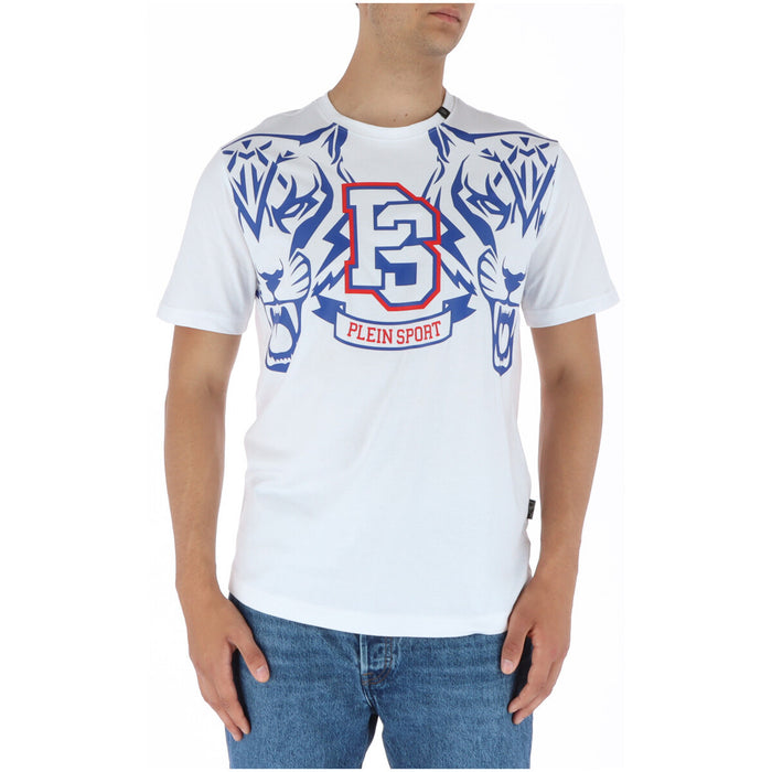 Image 1 : T-shirt Plein Sport homme blanc avec imprimé graphic tigers bleu et logo PS college rouge, porté de face — Delvale