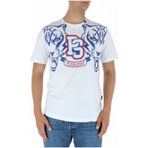 Image 1 : T-shirt Plein Sport homme blanc avec imprimé graphic tigers bleu et logo PS college rouge, porté de face — Delvale