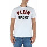 Image 1 : T-shirt Plein Sport homme blanc à logo graphique bicolore noir et rouge, porté de face sur jean brut — Delvale