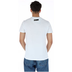 Image 2 : Vue de face du t-shirt Plein Sport homme blanc à manches courtes, motif tigre sérigraphié bleu et col rond, fond blanc — Delvale