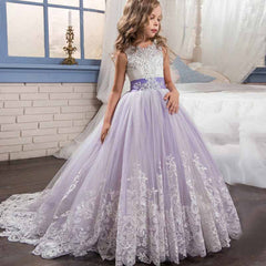 Princess Lace Flower Wedding Dress Kids Prom Puffy Tulle Ball Gowns