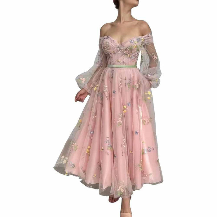 Puffy Sleeve Tulle Prom Dresses Flower Embroidery Formal Evening Party Gowns