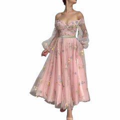 Puffy Sleeve Tulle Prom Dresses Flower Embroidery Formal Evening Party Gowns