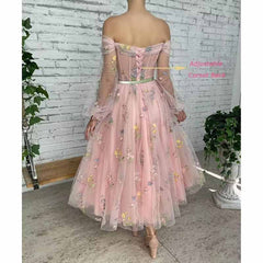 Puffy Sleeve Tulle Prom Dresses Flower Embroidery Formal Evening Party Gowns