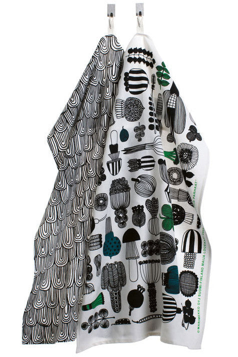 Marimekko Puutarhurin Parhaat Tea Towels Black/White/Green - KIITOSlife
