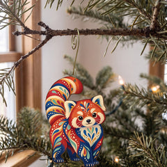Laser-cut maple wood Red Panda folk art ornament O365 hanging on a fir branch, made in USA