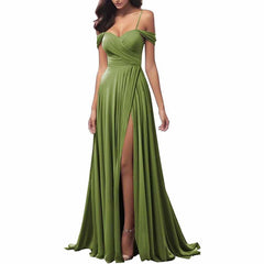 Elegant green spaghetti strap bridesmaid dresses with a thigh-high slit and flattering draped design