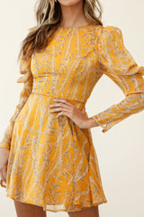 Ola Mutton Sleeve Lace-Up Back Dress Vine Print Mustard