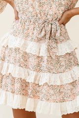 Tulsa 3/4 Sleeve Waist Tie Frill Dress Floral Print Nude