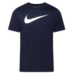 Image 1 : T-shirt Nike homme bleu marine avec grand logo Swoosh blanc imprimé sur la poitrine, vue de face — Delvale