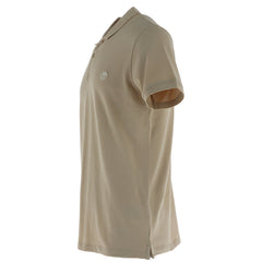 Image 3 : Détail col et patte de boutonnage polo Timberland homme beige, étiquette orange visible au col — Delvale