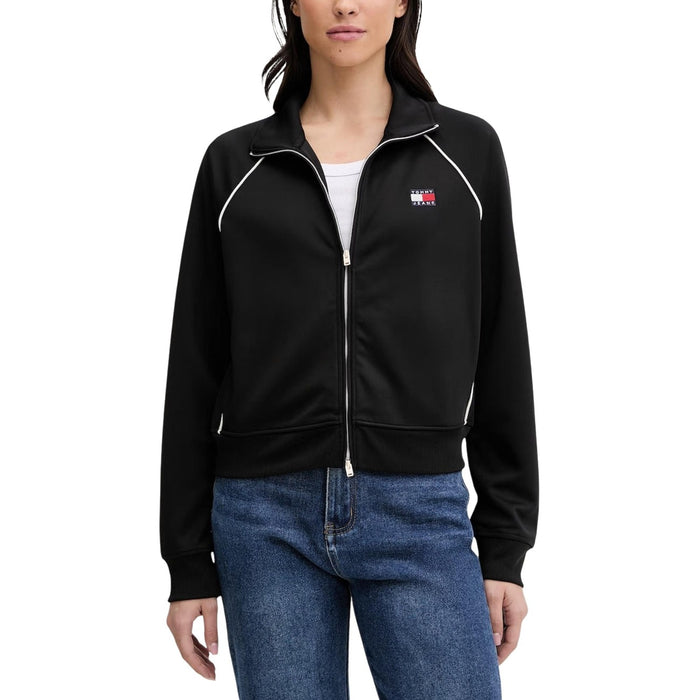 Image 1 : Sweat zippé Tommy Hilfiger Jeans femme noir avec liserés blancs et col montant, vue de face — Delvale