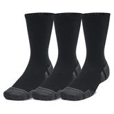Image 1 : Lot de 3 paires de chaussettes Under Armour Performance Crew noires avec renforts gris anthracite au talon et à l'orteil, vue de face — Delvale